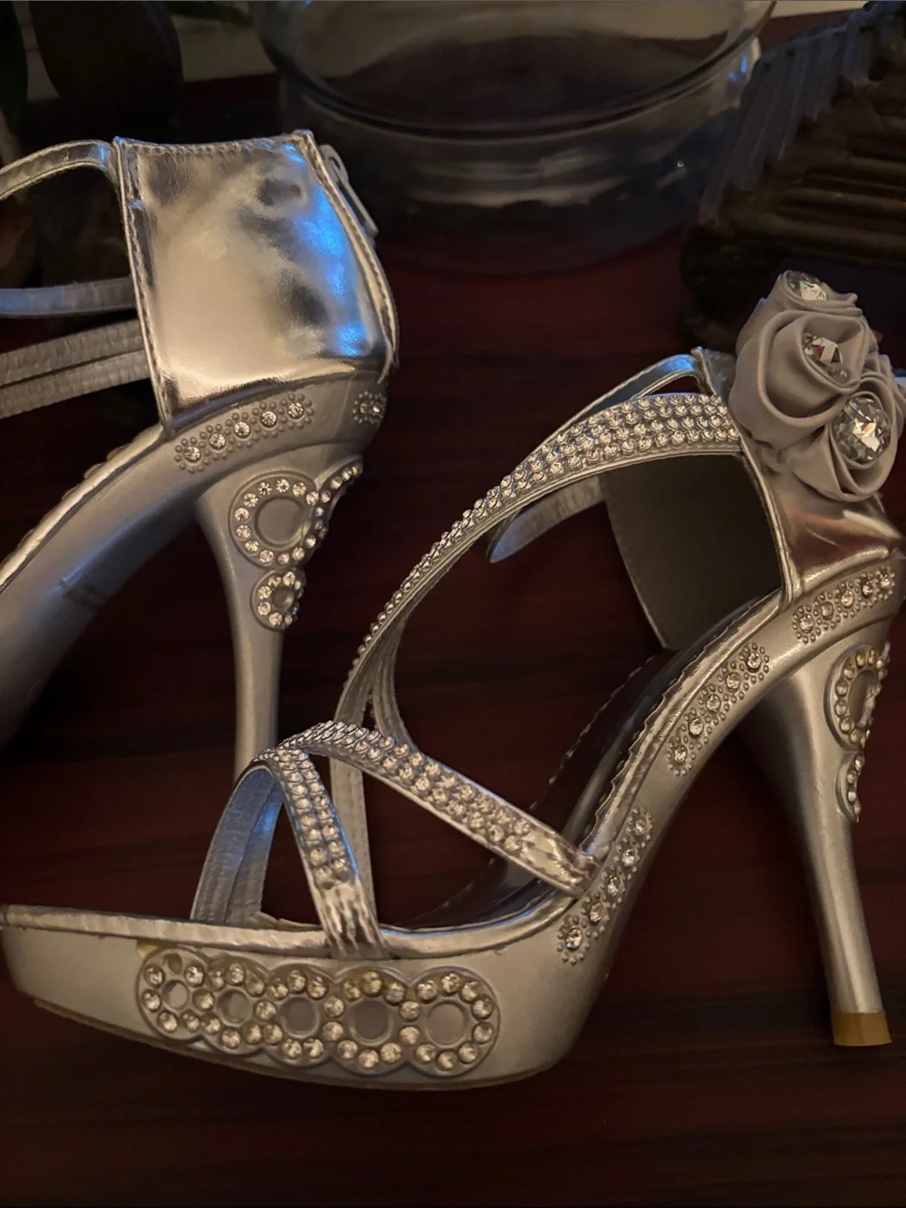 Glamour Silver Crystal-Strap Floral Accent High Heel Sandals